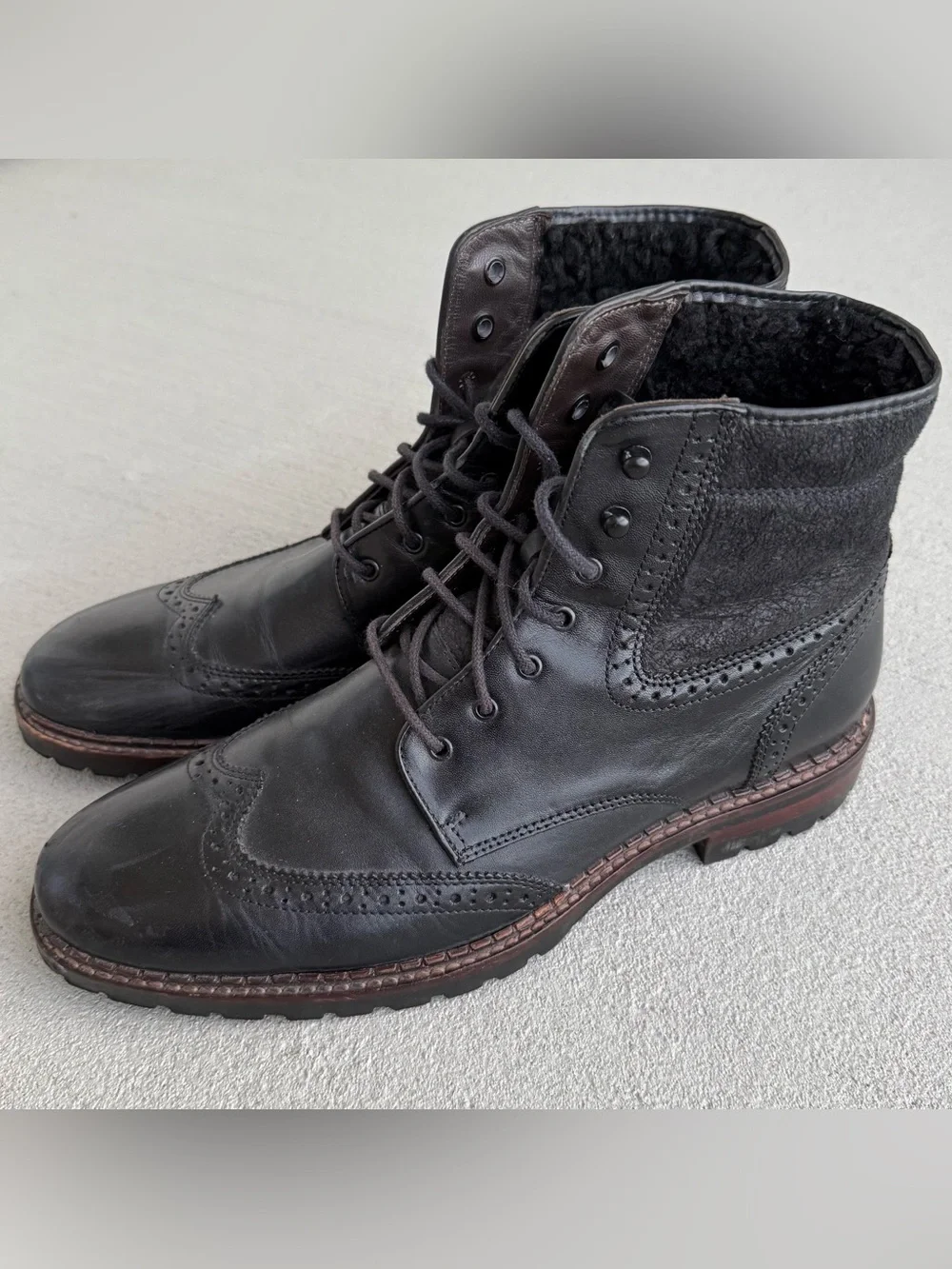 Johnston & Murphy Jennings Shearling Boots 10.5 M Black Leather Wing Tip Brazil